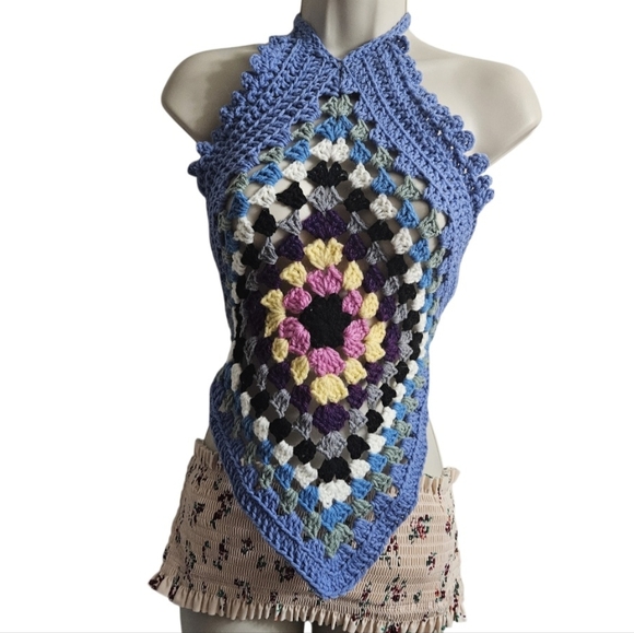 Handmade Granny Square Crochet Swim Cover Up Top Boho Resort Beachwear Colorful - Picture 6 of 17